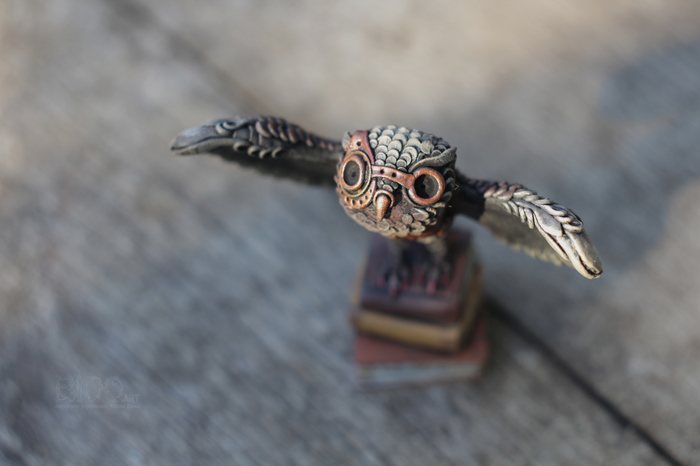 Figurine Owl in the style of steampunk, 78 mm tall. - My, Owl, Steampunk, Miniature, , Polymer clay, Longpost