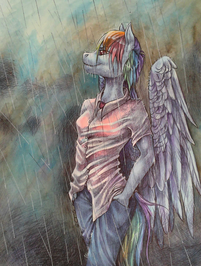 Rainbow in the Rain - My little pony, Rainbow dash, Anthro, Rain, Chasingthesilverstag