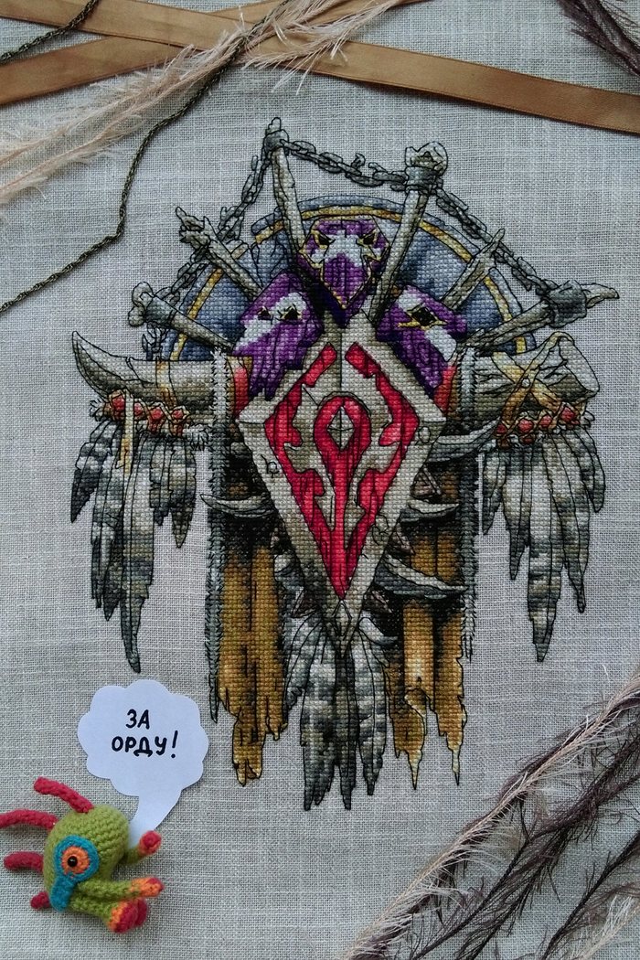 Embroidered coat of arms of the Horde - My, World of warcraft, Warcraft, Cross-stitch, Hobby, Needlework