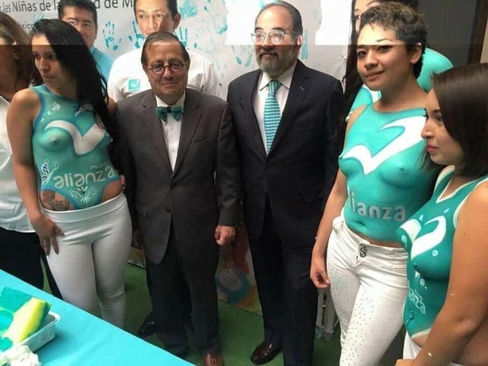 One of the smaller political parties in Mexico City. The bodypainting shows the logo of the party. The boys are running for the Senate. - NSFW, Bodypainting, Mexico City, Election campaign, Elections, Mexico