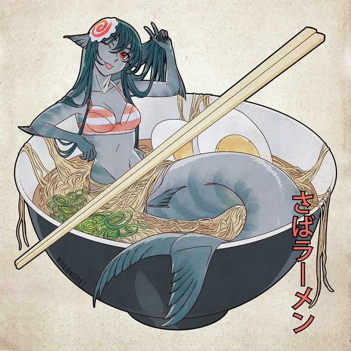 Mermaid Mackere - Nakanoart, Art, Anime art, Mermaid, Ramen, Monster girl