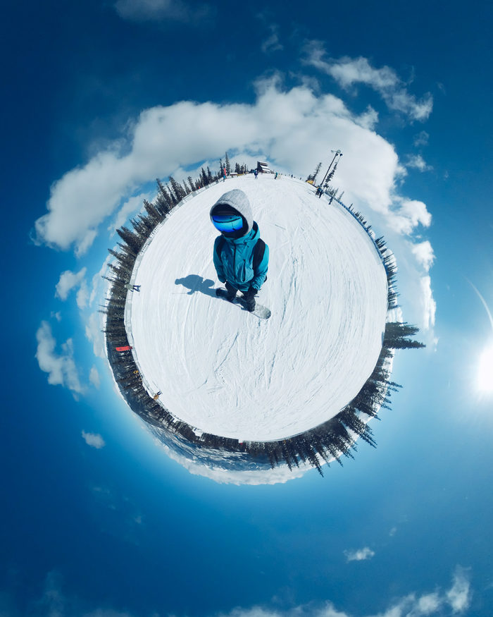 360° camera takes a wonderful photo - The photo, 360 degrees, Spherical panorama, Winter, Snowboarder, Panoramic shooting