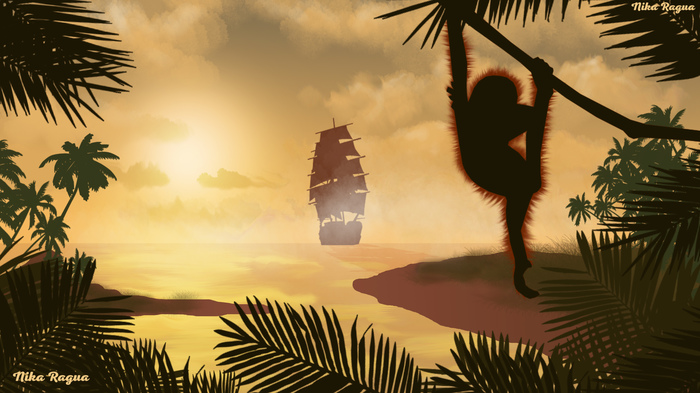 2D Island. - My, Island, Ship, Sea, Palm trees, Monkey, Sunset, Tropics