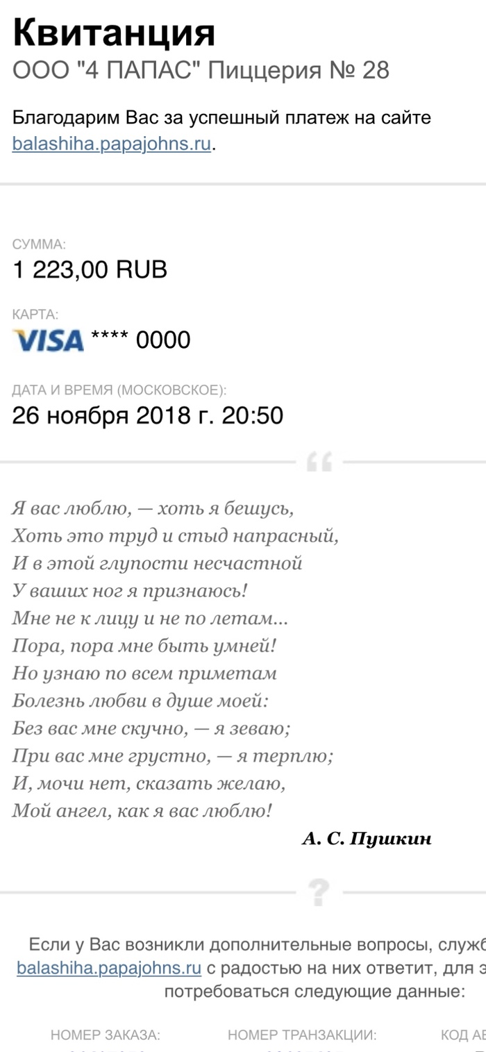 Заказала пиццу а тут Пушкина А.С. стихи...