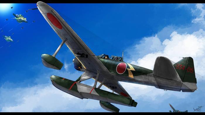 Nakajima A6M2-N Kyofuu vs depth bombers with escort - Kantai collection, Anime, Anime art, , Seaplane, Abyssal