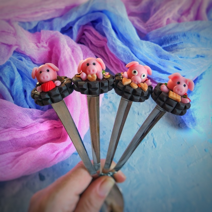 Oink oink - My, Polymer clay, Handmade, Piggy, Toys, Delicious spoons, Longpost