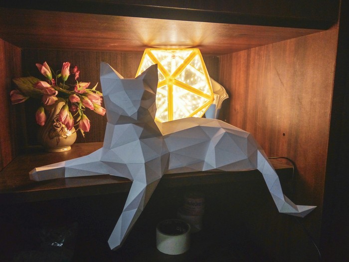 Polygonal cat lamp - My, cat, Лампа, Cat with lamp, Lamp, icosahedron, With your own hands, Pepakura, Papercraft