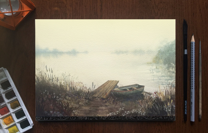 Watercolor Coast - My, Watercolor, Painting, Water, A boat, Art, Shore, Sale, Art