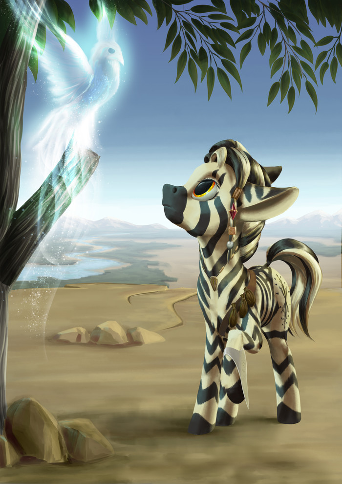 A young shaman and her first summoned spirit - My little pony, MLP Zebra, Original character, Kirillk