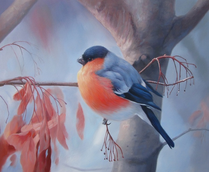 Painting Bullfinch on a branch - Bullfinches, Birds, Winter, Painting, Art, Painting