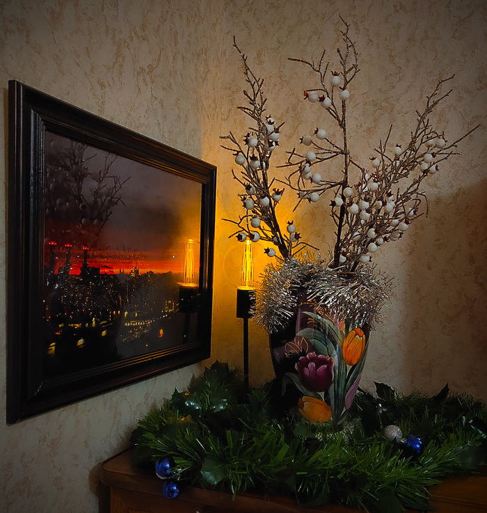 Новогодняя композиция Новый год, Лампа, Закат, Мобильная фотография