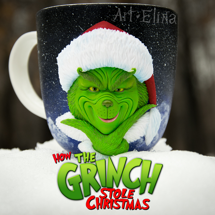 The Grinch Stole Christmas - My, Polymer clay, Needlework without process, The Grinch Stole Christmas, Mug with decor