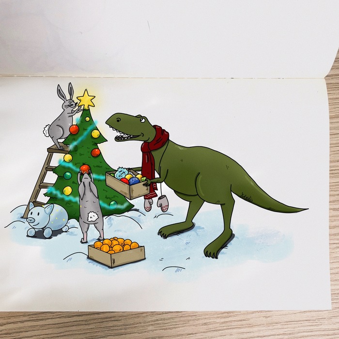 Новогоднее настроение Тираннозавр, Новый Год, Рисунок, Иллюстрации, Праздники, Новогодняя елка, Заяц