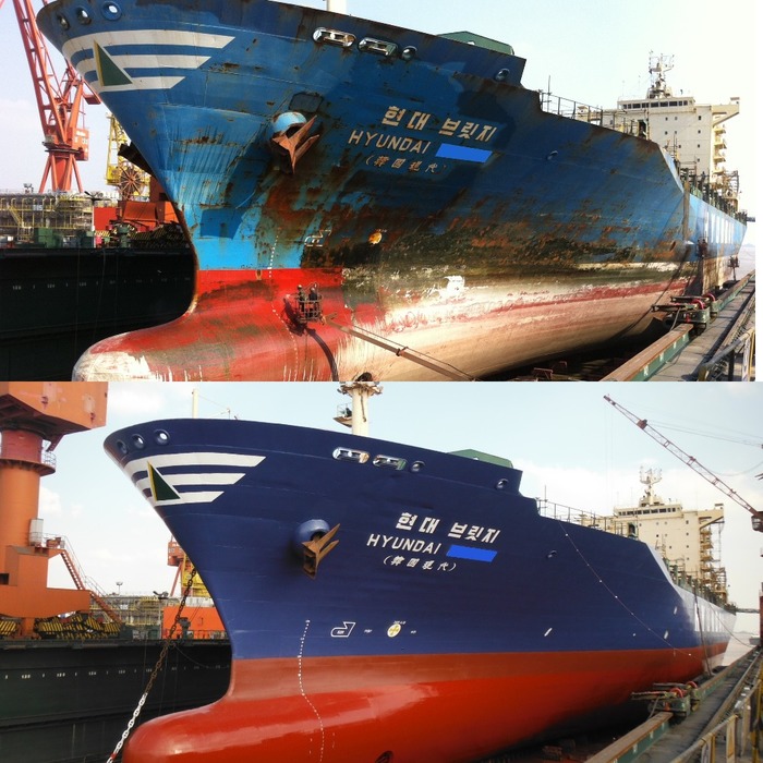 Судно-контейнеровоз "до" и "после" ремонта. Судно, Работа в море, Корея, Судоремонт, Восстановление
