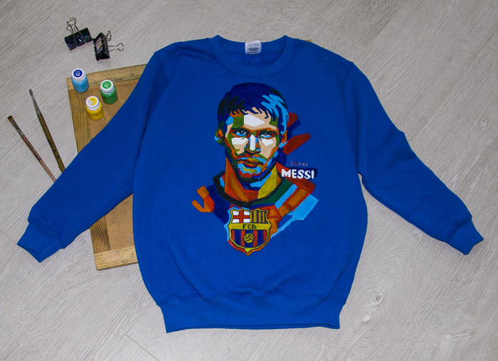Jacket for a young football player, hand-painted - My, Sweater, sweatshirt, Sweatshirt, Lionel Messi, Football, Painting on fabric, Longpost