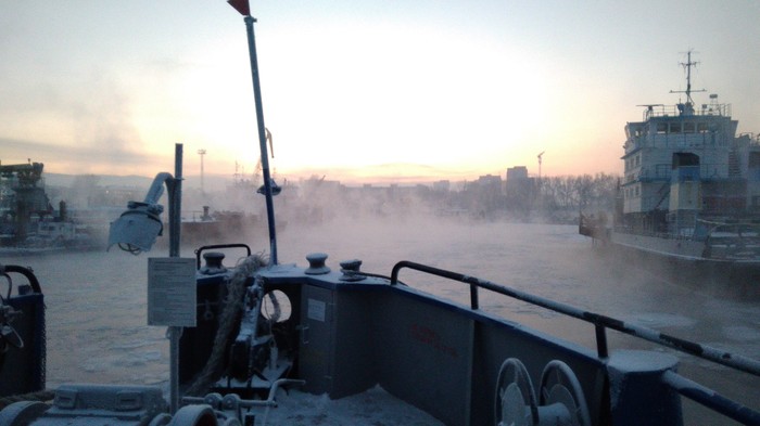 Sunset. - My, River, Motor ship, freezing