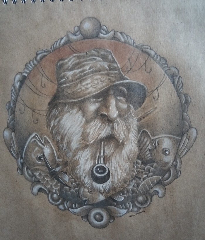old fisherman - A fish, Smoking pipe, Fishermen, Old men, Pencil drawing, Sketch, Graphics, Drawing, My