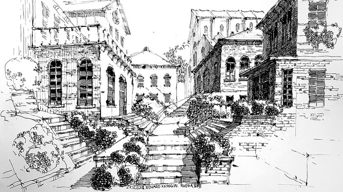 Ancient city in pen and ink. - My, Painting, Landscape design, Sketch, Italy, Art, Town, Sketching lessons, Video, Mascara, Longpost