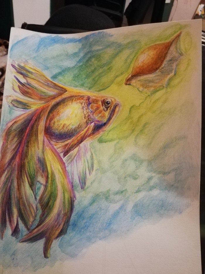 I love to try to draw such fantasy bright drawings - My, Drawing, Watercolor pencils, Underwater world