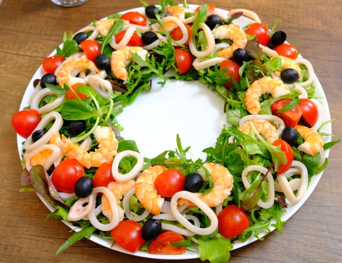 Salad with squid and shrimps - My, Salad, Recipe, Food, Cooking, New Year's salad, Squid, Video, Longpost