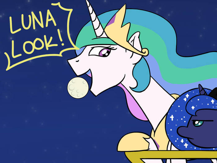 Eating the Moon - My little pony, PonyArt, Princess luna, Princess celestia, Flutterluv