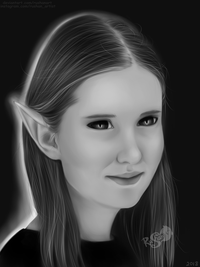 New kind of elf :) - My, Art, Digital drawing, Elves, Portrait, Black and white, Creation, Drawing, Girls