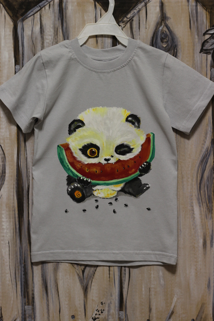 I draw on fabric. Panda and watermelon (not my sketch, as a gift) - Painting, Acrylic, T-shirt, Presents, Panda, Color, Longpost