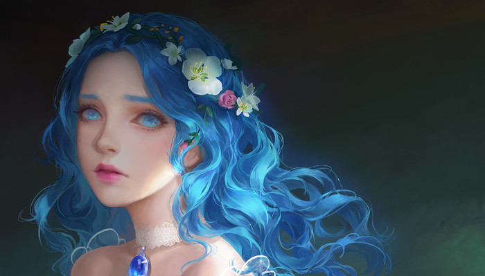 Wreath - Art, Drawing, Girls, Blue hair