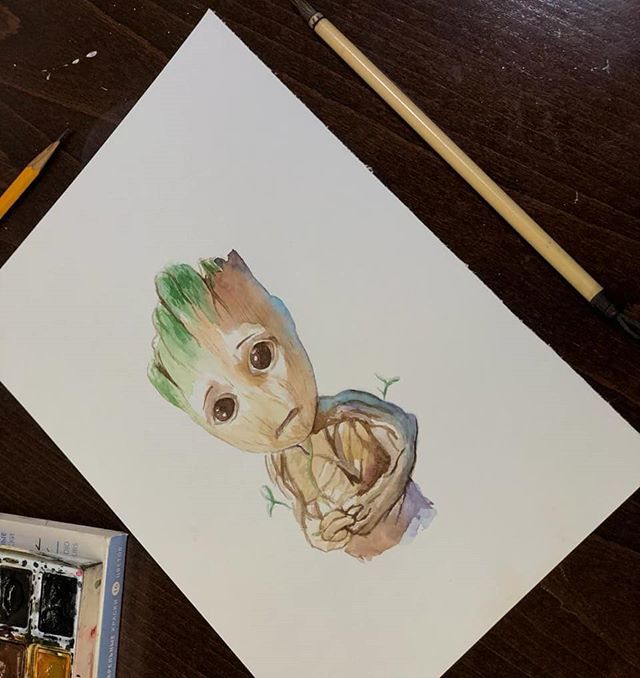 I am Groot! - My, Marvel, Groot, Watercolor, Drawing, Painting