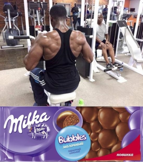 The level of muscle development - Milka Bubbles - Black people, Muscle, Bubbles, Gym, The photo, Chocolate