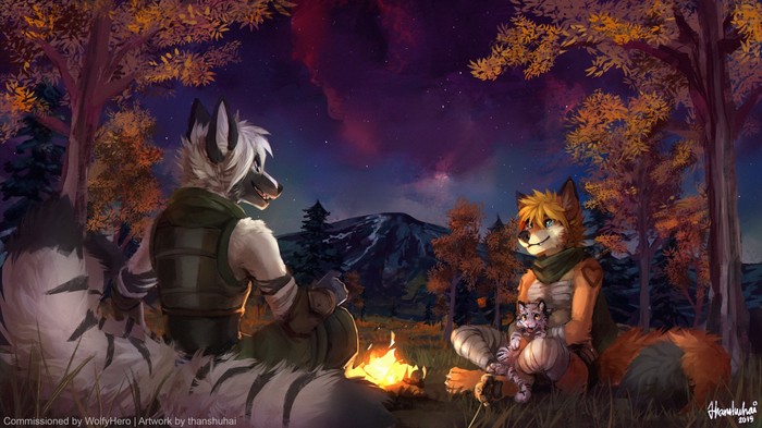 Evening by the fire - Furry, Art, Thanshuhai, Forest, Bonfire, Speed ??painting, Fox, Video