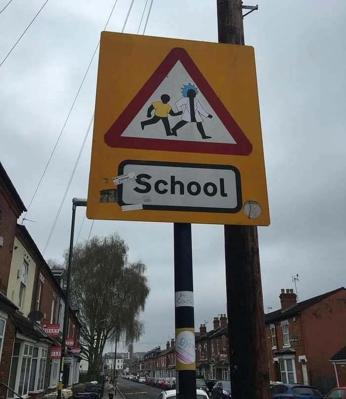 Grandpa picks up grandson from school - Rick and Morty, School, Road sign