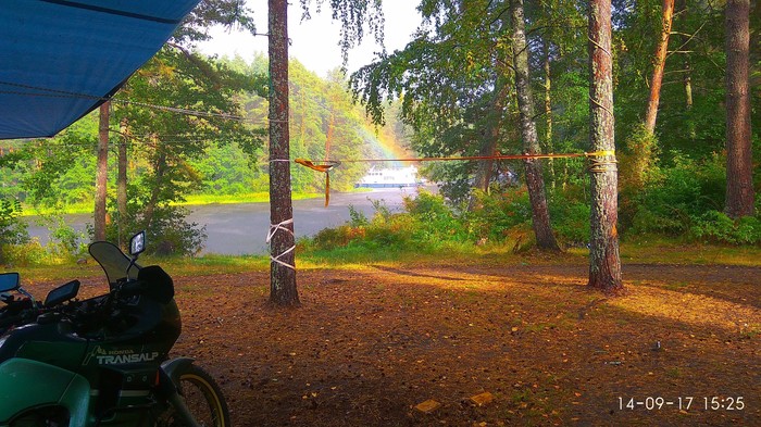 Autumn rainbow to you. - The photo, Forest, Volga river, Travels, Transalps, Rainbow, Motorcycles, My, Moto