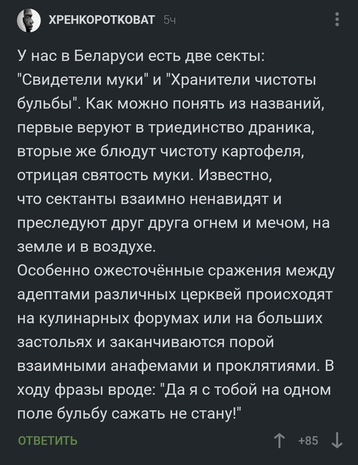 А ты за чистоту бульбы?! - Комментарии, Секта, Драники, Картофель, Республика Беларусь, Скриншот, Комментарии на Пикабу