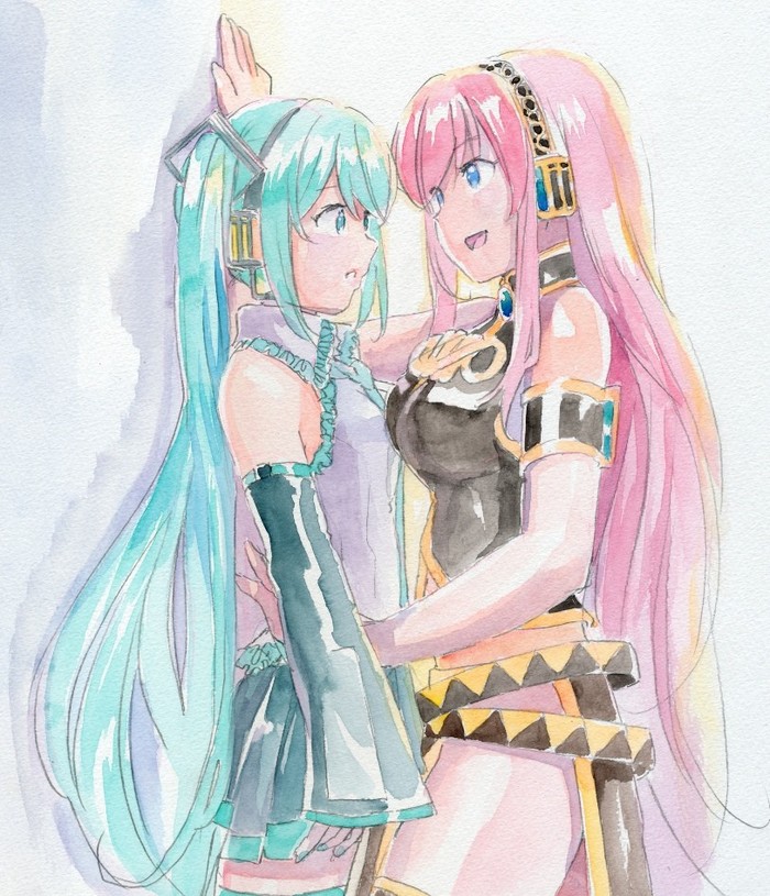 Pinned to the wall - Anime, Not anime, Vocaloid, Hatsune Miku, Megurine luka, Anime art, 