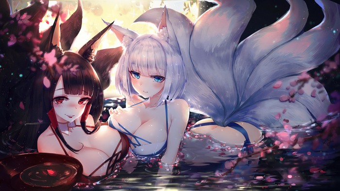 In water - Anime Art, Аниме, Azur Lane, Akagi, Kaga, Animal Ears