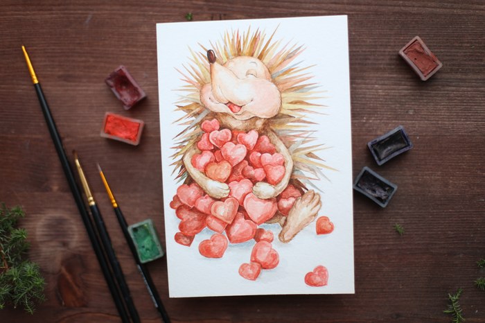 Happy Valentine's Day))) - My, Art, Hedgehog, Valentine's Day, Illustrations, Drawing, Watercolor, Heart