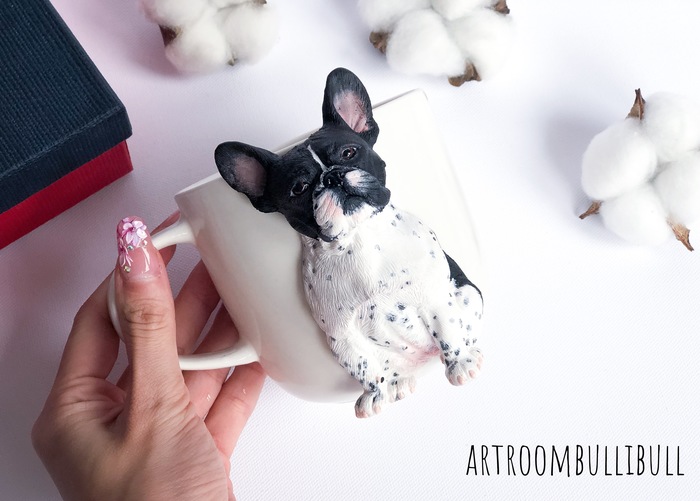 Mug with decor French Bulldog - My, French Bulldog, French people, Polymer clay, Mug with decor, , Handmade, Longpost