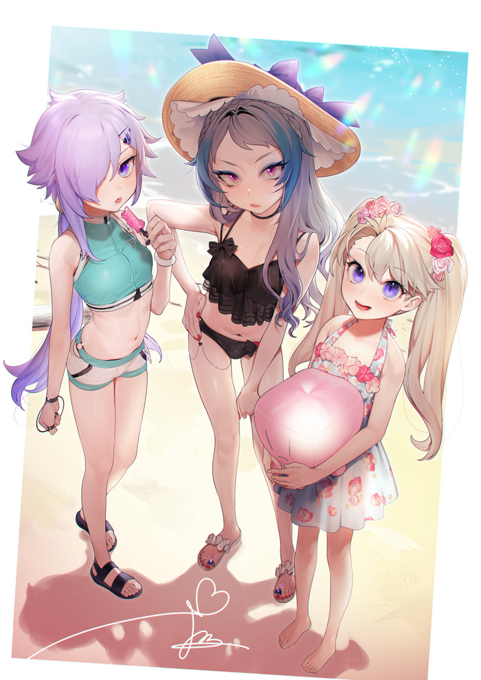 Beach vacation - Original character, Anime art, Art, Girls, Swimsuit, Beach