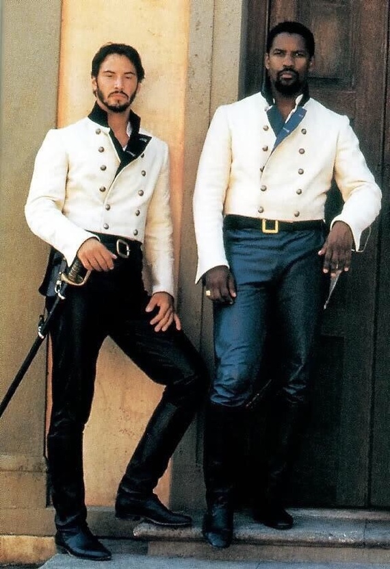 Denzel Washington and Keanu Reeves on set. Photo from 1993. - Much Ado About Nothing, Keanu Reeves, Denzel Washington