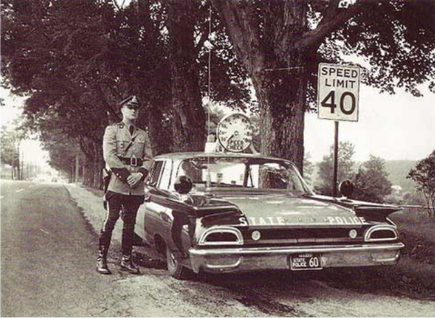 In an ambush with a radar, 1950s, Massachusetts, USA - US police, Speed ??control, 1950, Black and white