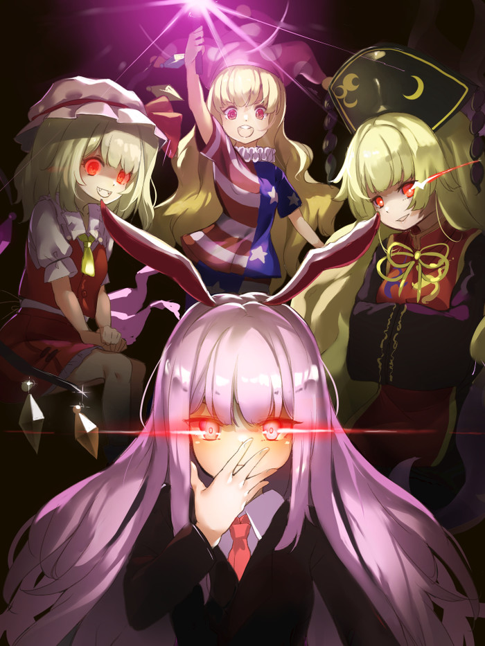 Four girls Touhou, Flandre Scarlet, Clownpiece, Junko, Reisen Udongein Inaba, Anime Art, 