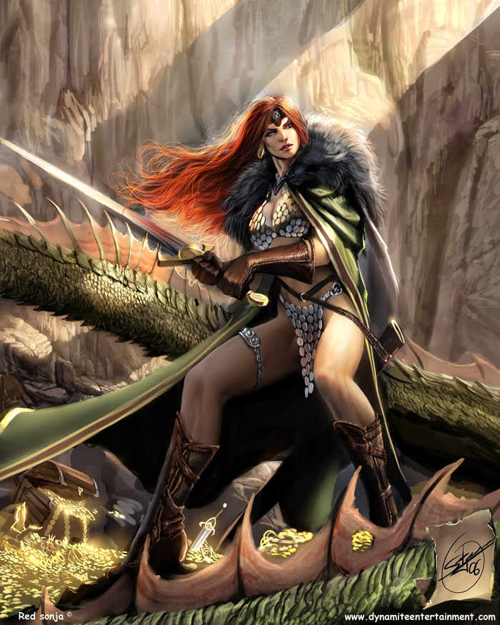 Red Sonja - Art, Drawing, Red Sonja, Sword, Armored bra, Monster, Fantasy, , Shiniez