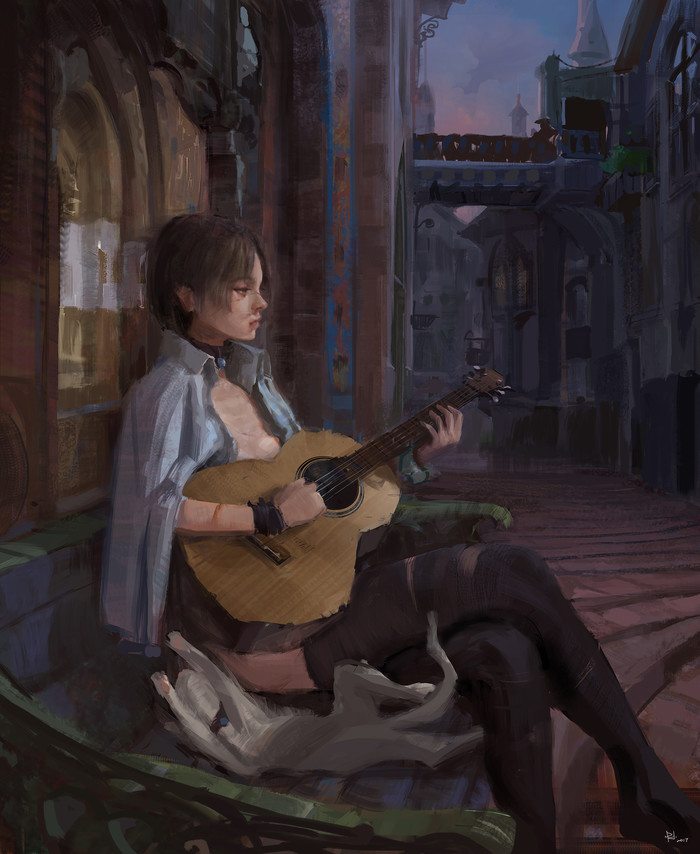 Evening - Art, Guitar, cat, Girls, Paindude