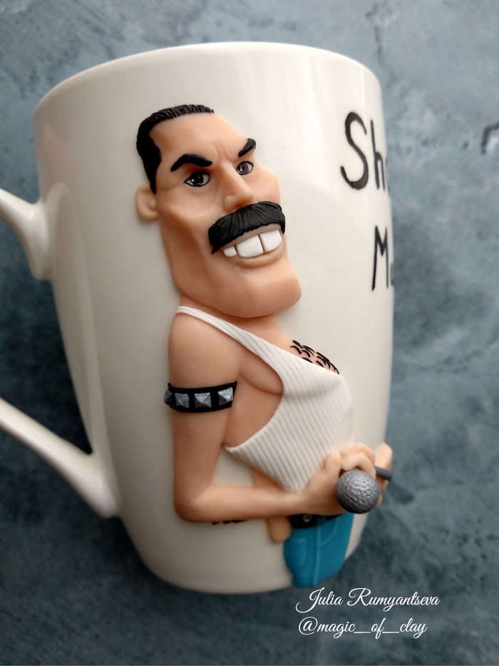My first cartoon mug - My, Polymer clay, Cartoon, Portrait, Needlework without process, Кружки, Needlework, Freddie Mercury, Longpost, Queen