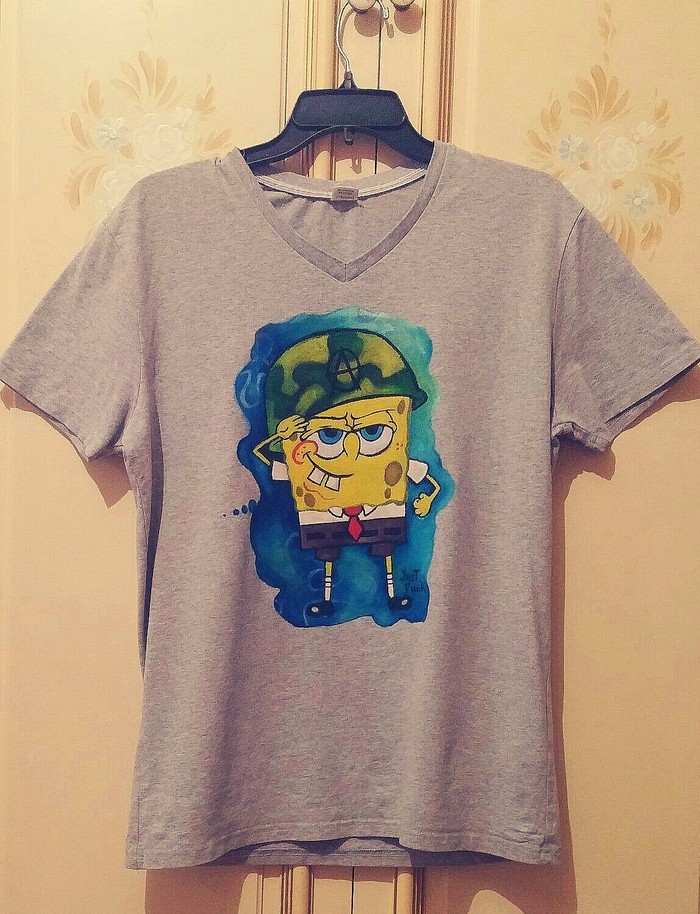 spongebob acrylic on t-shirt - My, Handmade, SpongeBob, Painting on fabric, T-shirt, Acrylic, Fan art