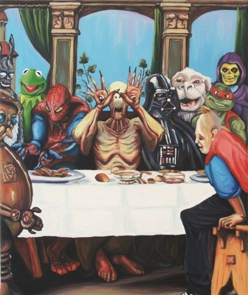 Painting - Oil painting, Creative, Labyrinth of the Faun, Darth vader, Teenage Mutant Ninja Turtles, Spiderman, Food, Table