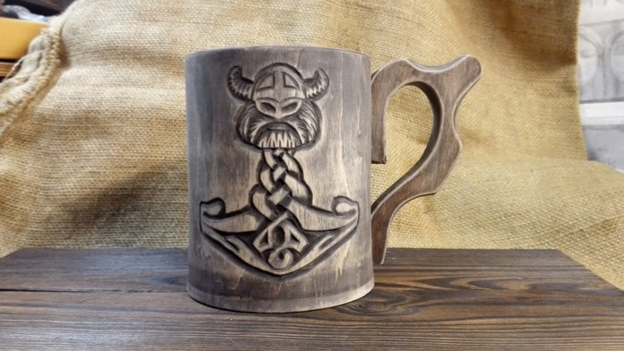 Linden mug Mjolnir - My, Thor's Hammer, Wood carving, Handmade, Кружки, Викинги, Scandinavian style, Beer mug, Longpost, Mjolnir
