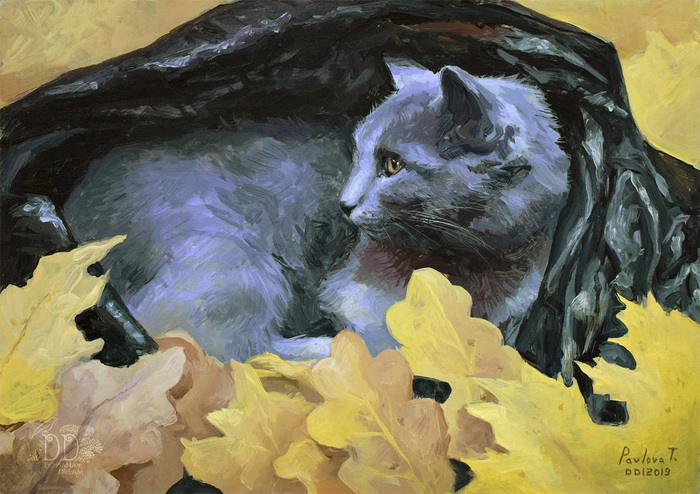 In the house (paper, acrylic, 30x21 cm) - My, cat, Acrylic, Painting, Painting, Animalistics, Etude, Animals, Autumn leaves, Longpost