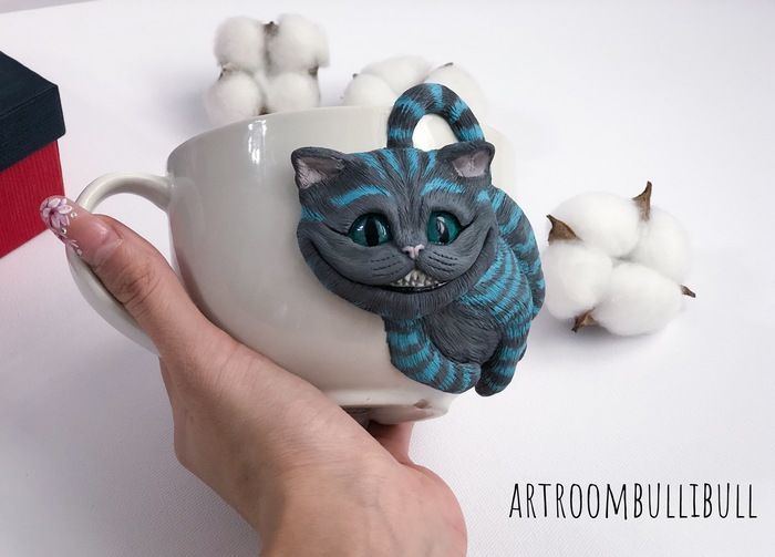 Cheshire cat made of polymer clay - My, Cheshire, Cheshire Cat, Polymer clay, Mug with decor, , Handmade, Video, Longpost